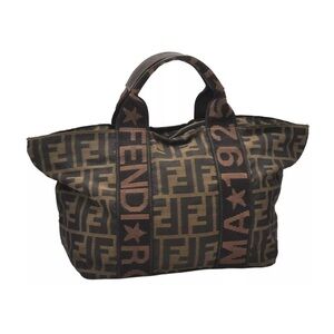 Authentic FENDI Vintage Zucca Hand Tote Bag Purse Nylon Leather Brown